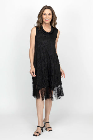 Top Ligne Cowl Mesh Crinkle Dress in Black.  Cowl neck crinkle with black mesh and black dot flounce at hem.  Sleeveless with center front seam.  Relaxed fit._61393668243822