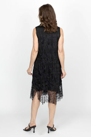 Top Ligne Cowl Mesh Crinkle Dress in Black.  Cowl neck crinkle with black mesh and black dot flounce at hem.  Sleeveless with center front seam.  Relaxed fit._61393668276590