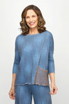 Top Ligne Jean Terry Tee with Net Pocket in Denim.  Lightweight terry with distressed denim look.  Crew neck 3/4 sleeve top with raised front asymmetric seam.  Bronze gold metallic mesh patch pocket in left front.  Contrast top stitching at neck sleeve hem, front seam and hem. Relaxed fit._t_60954369917294