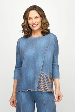 Top Ligne Jean Terry Tee with Net Pocket in Denim.  Lightweight terry with distressed denim look.  Crew neck 3/4 sleeve top with raised front asymmetric seam.  Bronze gold metallic mesh patch pocket in left front.  Contrast top stitching at neck sleeve hem, front seam and hem. Relaxed fit._60954369917294