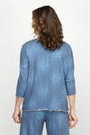 Top Ligne Jean Terry Tee with Net Pocket in Denim.  Lightweight terry with distressed denim look.  Crew neck 3/4 sleeve top with raised front asymmetric seam.  Bronze gold metallic mesh patch pocket in left front.  Contrast top stitching at neck sleeve hem, front seam and hem. Relaxed fit._t_60954369950062