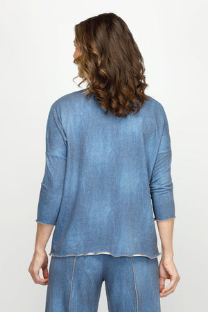 Top Ligne Jean Terry Tee with Net Pocket in Denim.  Lightweight terry with distressed denim look.  Crew neck 3/4 sleeve top with raised front asymmetric seam.  Bronze gold metallic mesh patch pocket in left front.  Contrast top stitching at neck sleeve hem, front seam and hem. Relaxed fit._60954369950062