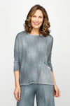Top Ligne Jean Terry Tee with Net Pocket in Pewter.  Lightweight terry with distressed denim look.  Crew neck 3/4 sleeve top with raised front asymmetric seam.  White metallic mesh patch pocket in left front.  Contrast top stitching at neck sleeve hem, front seam and hem. Relaxed fit._t_60954369589614