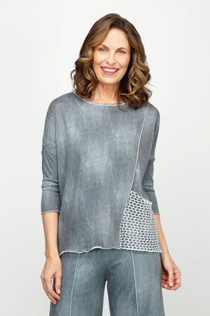Top Ligne Jean Terry Tee with Net Pocket in Pewter.  Lightweight terry with distressed denim look.  Crew neck 3/4 sleeve top with raised front asymmetric seam.  White metallic mesh patch pocket in left front.  Contrast top stitching at neck sleeve hem, front seam and hem. Relaxed fit._60954369589614
