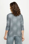 Top Ligne Jean Terry Tee with Net Pocket in Pewter.  Lightweight terry with distressed denim look.  Crew neck 3/4 sleeve top with raised front asymmetric seam.  White metallic mesh patch pocket in left front.  Contrast top stitching at neck sleeve hem, front seam and hem. Relaxed fit._t_60954369622382