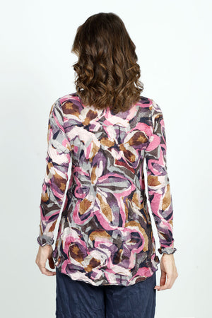Top Ligne Crinkle Seamed Floral Tee in Purple Multi.  Crew neck long sleeve crinkle top.  Riased center seam.  Sewn edges.  Curved hem.  Relaxed fit._52871692583278