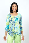 Top Ligne Crinkle Mixed Florals Tee in Aqua. Aqua, lime and blue floral prints. Scoop neck 3/4 sleeve top with raised center front seam. 2 different floral patterns on front and sleeves. Asymmetric flounce inset at hem. Relaxed fit._t_35195838103752
