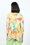 Top Ligne Crinkle Mixed Florals Tee in Mango. Orange, yellow and green floral prints on a white background. Scoop neck 3/4 sleeve top with raised center front seam. 2 different floral patterns on front and sleeves. Asymmetric flounce inset at hem. Relaxed fit._t_35195838038216