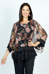 Top Ligne Flora Scrolls Sheer Top in Black with Multi floral print.  Crew neck sheer boxy top with 3/4 dolman sleeve.  Solid black crinkle inset at hem and cuff.  Sharkbite hem.  Oversized fit._t_52912094839150
