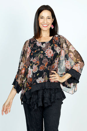 Top Ligne Flora Scrolls Sheer Top in Black with Multi floral print.  Crew neck sheer boxy top with 3/4 dolman sleeve.  Solid black crinkle inset at hem and cuff.  Sharkbite hem.  Oversized fit._52912094839150