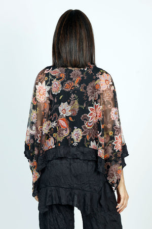 Top Ligne Flora Scrolls Sheer Top in Black with Multi floral print.  Crew neck sheer boxy top with 3/4 dolman sleeve.  Solid black crinkle inset at hem and cuff.  Sharkbite hem.  Oversized fit._52912094871918
