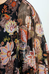 Top Ligne Flora Scrolls Sheer Top in Black with Multi floral print.  Crew neck sheer boxy top with 3/4 dolman sleeve.  Solid black crinkle inset at hem and cuff.  Sharkbite hem.  Oversized fit._t_52912094806382