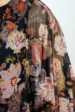 Top Ligne Flora Scrolls Sheer Top in Black with Multi floral print.  Crew neck sheer boxy top with 3/4 dolman sleeve.  Solid black crinkle inset at hem and cuff.  Sharkbite hem.  Oversized fit._52912094806382