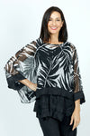 Top Ligne Palm Leaves Sheer Top in Black with white palm leaf print.  Crew neck sheer boxy top with 3/4 dolman sleeve.  Solid black crinkle inset at hem and cuff.  Sharkbite hem.  Oversized fit._t_52912097100142