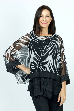 Top Ligne Palm Leaves Sheer Top in Black with white palm leaf print.  Crew neck sheer boxy top with 3/4 dolman sleeve.  Solid black crinkle inset at hem and cuff.  Sharkbite hem.  Oversized fit._52912097100142
