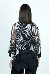 Top Ligne Palm Leaves Sheer Top in Black with white palm leaf print.  Crew neck sheer boxy top with 3/4 dolman sleeve.  Solid black crinkle inset at hem and cuff.  Sharkbite hem.  Oversized fit._t_52912097034606
