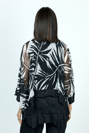 Top Ligne Palm Leaves Sheer Top in Black with white palm leaf print.  Crew neck sheer boxy top with 3/4 dolman sleeve.  Solid black crinkle inset at hem and cuff.  Sharkbite hem.  Oversized fit._52912097034606