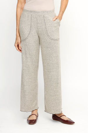 Top Ligne Soft Knit Seamed Pant in oat.  Elastic waist wide leg draped pant.  Deep front pockets.  Contrast edging around pocket and hem.  28" inseam._61516733284718