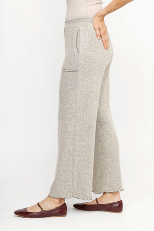 Top Ligne Soft Knit Seamed Pant in oat.  Elastic waist wide leg draped pant.  Deep front pockets.  Contrast edging around pocket and hem.  28" inseam._61516733317486