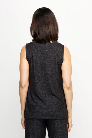 Top Ligne Soft Knit Seamed Tank in Black.  Heathered v neck sleeveless tank.  Center front sewn seam.  Solid stitching around neckline, armhole and hem.  Relaxed fit._61516734726510