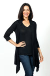 Ten Oh 8 Ribbed Tank & Cardigan Set in Black.  Ribbed v neck tank with smaller rib trim at neck and armhole.  Open shawl collar cardigan with vertical rib through body.  Horizontal rib insert at back wraps to front creating swing shape.  One size fits many._t_34621589258440