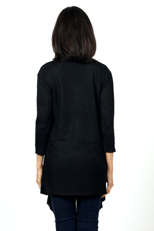 Ten Oh 8 Ribbed Tank & Cardigan Set in Black. Ribbed v neck tank with smaller rib trim at neck and armhole. Open shawl collar cardigan with vertical rib through body. Horizontal rib insert at back wraps to front creating swing shape. One size fits many._34621588832456