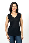 Ten Oh 8 Ribbed Tank & Cardigan Set in Black. Ribbed v neck tank with smaller rib trim at neck and armhole. Open shawl collar cardigan with vertical rib through body. Horizontal rib insert at back wraps to front creating swing shape. One size fits many._t_34621589225672