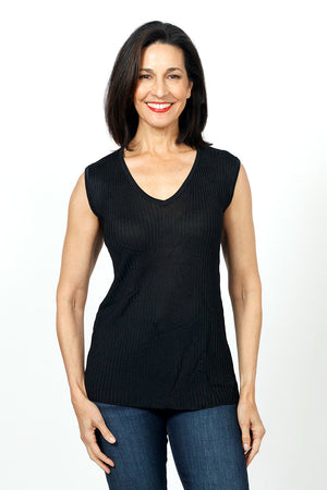 Ten Oh 8 Ribbed Tank & Cardigan Set in Black. Ribbed v neck tank with smaller rib trim at neck and armhole. Open shawl collar cardigan with vertical rib through body. Horizontal rib insert at back wraps to front creating swing shape. One size fits many._34621589225672