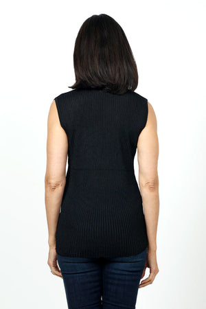 Ten Oh 8 Ribbed Tank & Cardigan Set in Black. Ribbed v neck tank with smaller rib trim at neck and armhole. Open shawl collar cardigan with vertical rib through body. Horizontal rib insert at back wraps to front creating swing shape. One size fits many._34621589127368