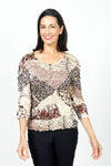 Top Ligne Animal Print Puckered Top in Leopard.  Scoop neck 3/4 sleeve top.  Puckered crinkle fabric stretches to fit sizes XS to XL.  Relaxed fit._t_34621079355592