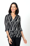 Top Ligne Wavy Lines Pleated Top in Black with white wavylines.  Open v neck with pointed collar.  3/4 pleated sleeves.  Vertical pleats. One size fits many.  Relaxed fit._t_34620935176392