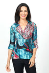 Top Ligne Multi Print Pleated Top.  Teal based patchwork print.  Open v with pointed collar and vertical pleating.  3/4 pleated sleeve.  One size fits many.  Relaxed fit._t_34620946219208
