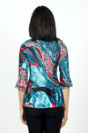 Top Ligne Multi Print Pleated Top. Teal based patchwork print. Open v with pointed collar and vertical pleating. 3/4 pleated sleeve. One size fits many. Relaxed fit._t_34620946153672