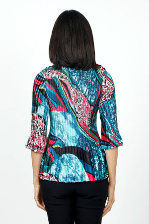 Top Ligne Multi Print Pleated Top. Teal based patchwork print. Open v with pointed collar and vertical pleating. 3/4 pleated sleeve. One size fits many. Relaxed fit._34620946153672