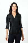 Top Ligne Solid Pleated Top in Black.  Open v neck top with pointed collar.  Vertical pleating.  3/4 pleated sleeve.  One size fits many.  Relaxed fit._t_34620959195336