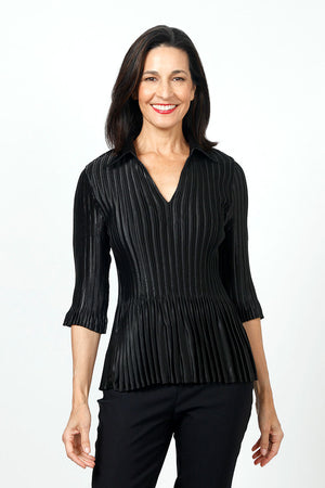 Top Ligne Solid Pleated Top in Black.  Open v neck top with pointed collar.  Vertical pleating.  3/4 pleated sleeve.  One size fits many.  Relaxed fit._34620959195336