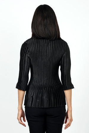 Top Ligne Solid Pleated Top in Black. Open v neck top with pointed collar. Vertical pleating. 3/4 pleated sleeve. One size fits many. Relaxed fit._34620959228104
