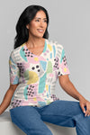Whimsy Rose Domino Pastel Elbow Sleeve Tee.  Bright pink green yellow and blue abstract blocks and black dots on a white background.  V neck elbow sleeve a line tee.  Relaxed fit._t_34899418448072