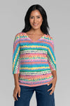 Whimsy Rose Riviera V Neck Top in Multi.  Bright horizontal stripes with abstract dot stripes.  V neck, 3/4 sleeve top.  Straight hem.  Classic fit._t_34899926843592