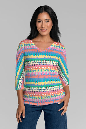 Whimsy Rose Riviera V Neck Top in Multi.  Bright horizontal stripes with abstract dot stripes.  V neck, 3/4 sleeve top.  Straight hem.  Classic fit._34899926843592