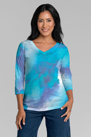 Whimsy Rose Galaxy Blue V Neck.  Abstract ombre effect print in shades of blue.  V neck 3/4 sleeve tee with burnout and sublimation printing.  Classic fit._34899540934856