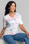 Whimsy Rose Aurora Elbow Sleeve Tee in White Multi.  Tie dye effect in soft pastels on a white background.  v neck elbow sleeve tee.  Burnout fabric with sublimation printing.  A line shape.  Side slits.  Relaxed fit._t_34899968327880