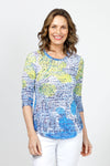Top Ligne Splats & Droplets Crew Top.Bright blue and yellow splash print with gray and black abstract droplets on white.  Crew neck 3/4 sleeve crinkle top.  Shirt tail hem. Relaxed fit._t_35013283971272