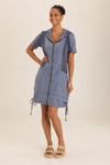Wearables Linen Lenchen Jacket Dress in Hypnotic Blue.  Zip front dress with convertible collar and attached hood.  Jersey inset panels on front. Deep pouch pockets.  Side ties.  Classic fit._t_60008592900462