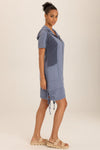 Wearables Linen Lenchen Jacket Dress in Hypnotic Blue.  Zip front dress with convertible collar and attached hood.  Short sleeves. Jersey inset panels on front. Deep pouch pockets.  Side ties.  Classic fit._t_60008592867694