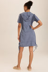 Wearables Linen Lenchen Jacket Dress in Hypnotic Blue.  Zip front dress with convertible collar and attached hood.  Short sleeves. Jersey inset panels on front. Deep pouch pockets.  Side ties.  Classic fit._t_60008592965998