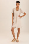 Wearables Linen Lenchen Jacket Dress in Ripple.  Zip front dress with convertible collar and attached hood.  Short sleeves. Jersey inset panels on front. Deep pouch pockets.  Side ties.  Classic fit._t_60008592802158