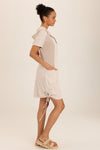 Wearables Linen Lenchen Jacket Dress in Ripple.  Zip front dress with convertible collar and attached hood.  Short sleeves. Jersey inset panels on front. Deep pouch pockets.  Side ties.  Classic fit._t_60008592834926