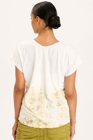 Wearables Slub Ryan Tee in Headland Flourish.  White v neck tee with tie dye print border.  Dolman short sleeve.  Wrapped side seams with grommet detail.  Relaxed fit._59451443511662