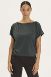 Wearables Exelda Tee in Vining Green, a forest green.  Boatneck with cinchable ribbon drawstring and toggle.  Dolman short sleeve.  High low hem.  Slightly boxy fit. _t_59448158191982